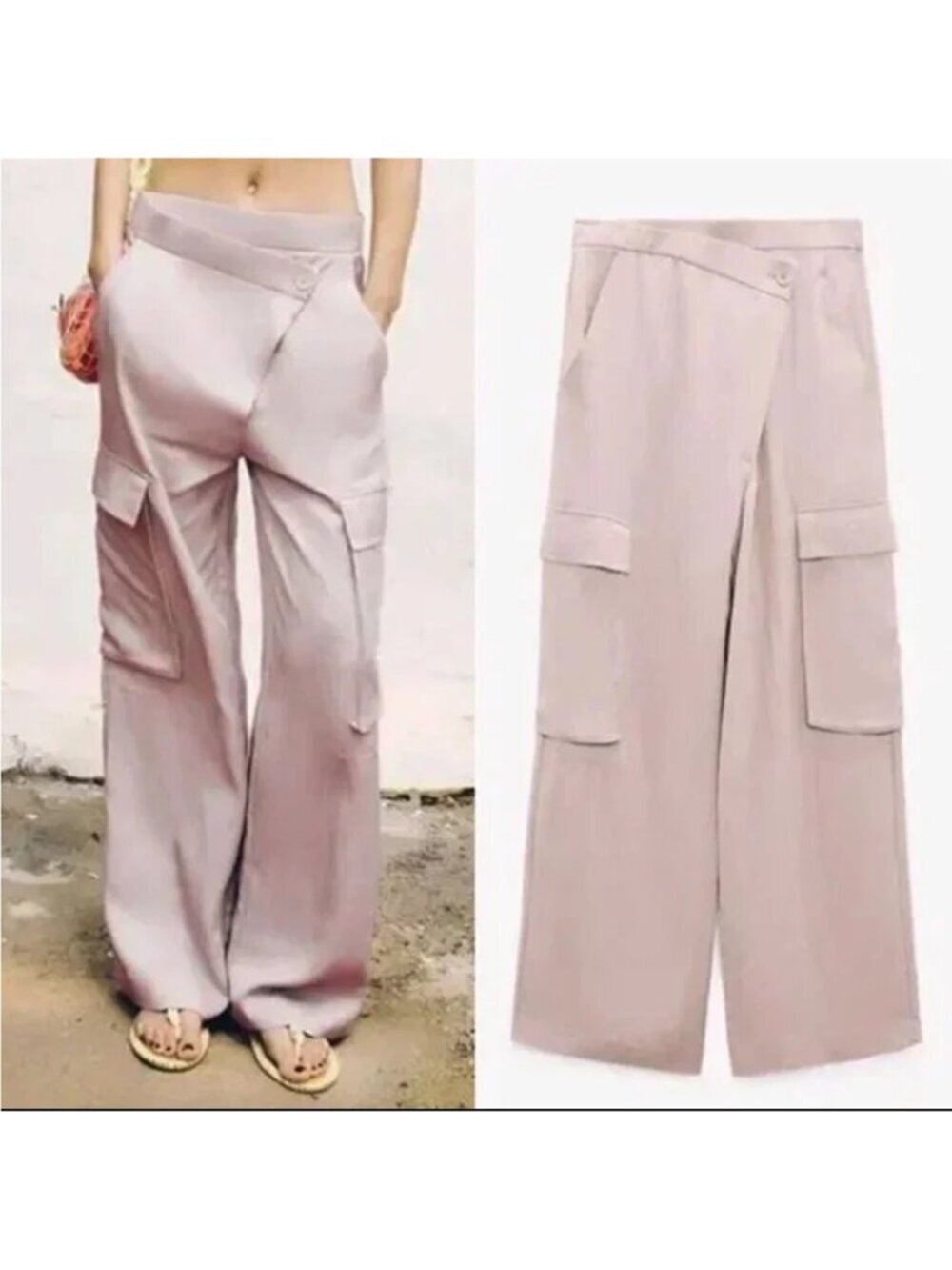 Like New ZARA Wide Leg Full Length Cargo Asymmetric Trousers Pants Mauve Med
